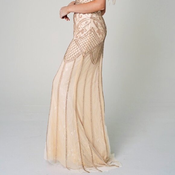 NEW LONG A-LINE MESH DRESS WITH ILLUSION SCOOP NECKLINE AND CAP SLEEVES AC 7001 - Picture 8 of 8